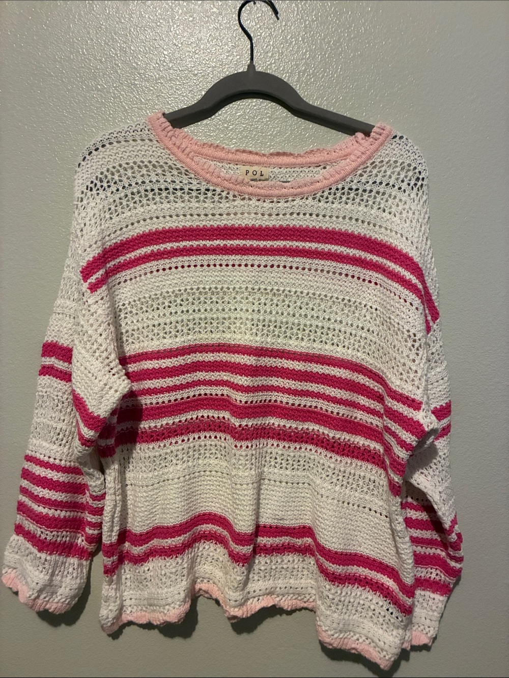 POL White Sweater with Bright Pink & Light Pink Stripes